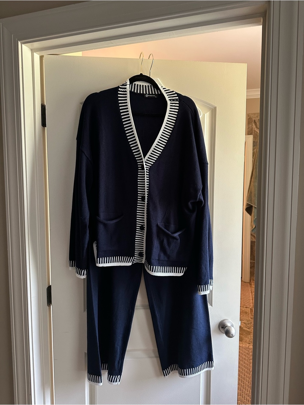 Navy Knit Cardigan with White Stripe Trim - Women’s Two-Piece Set XXL